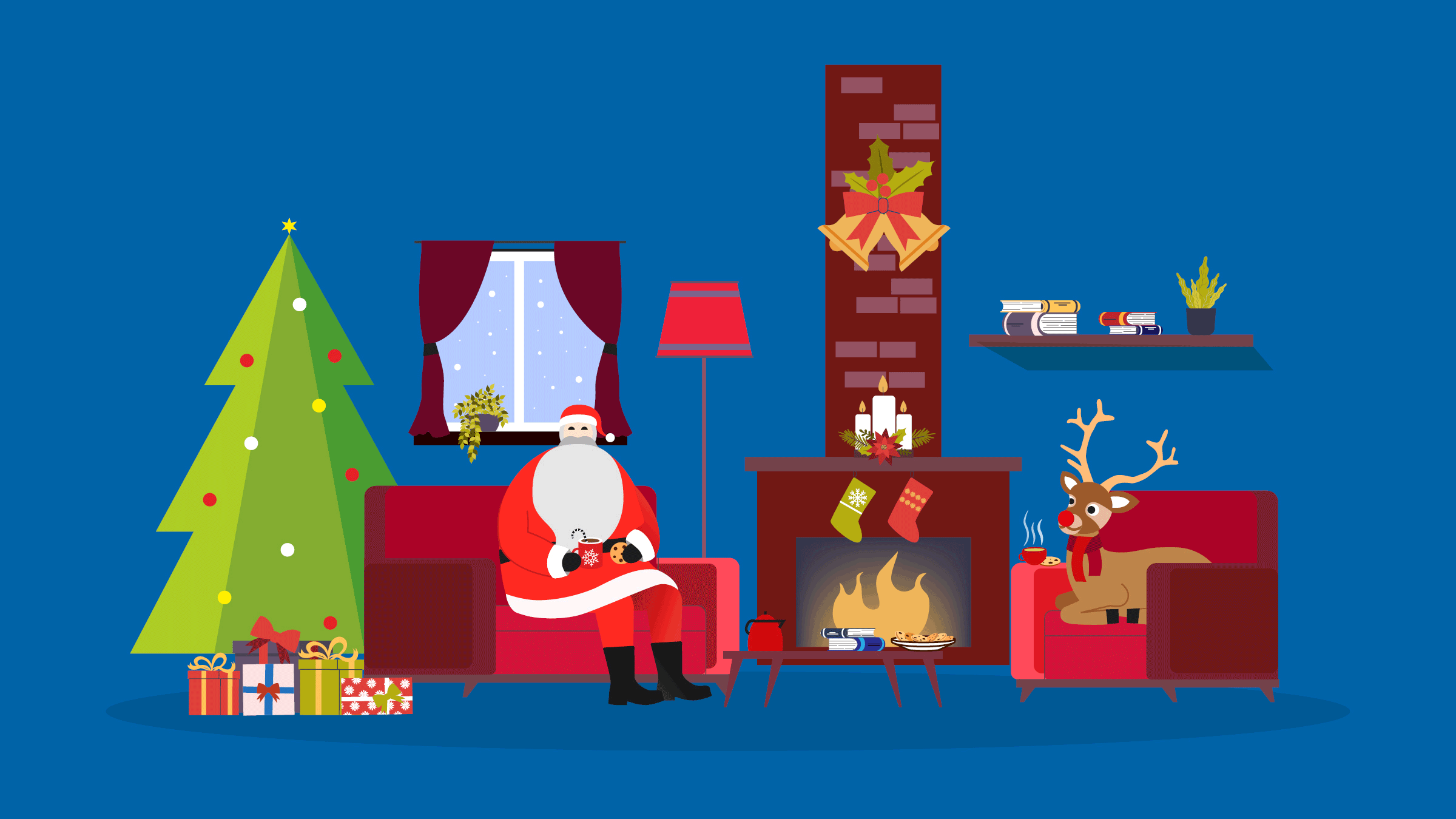 Weihnachts-GIF mit Weihnachtsmann, Rudolf dem Rotnasen-Rentier, Weihnachtsbaum und Geschenken