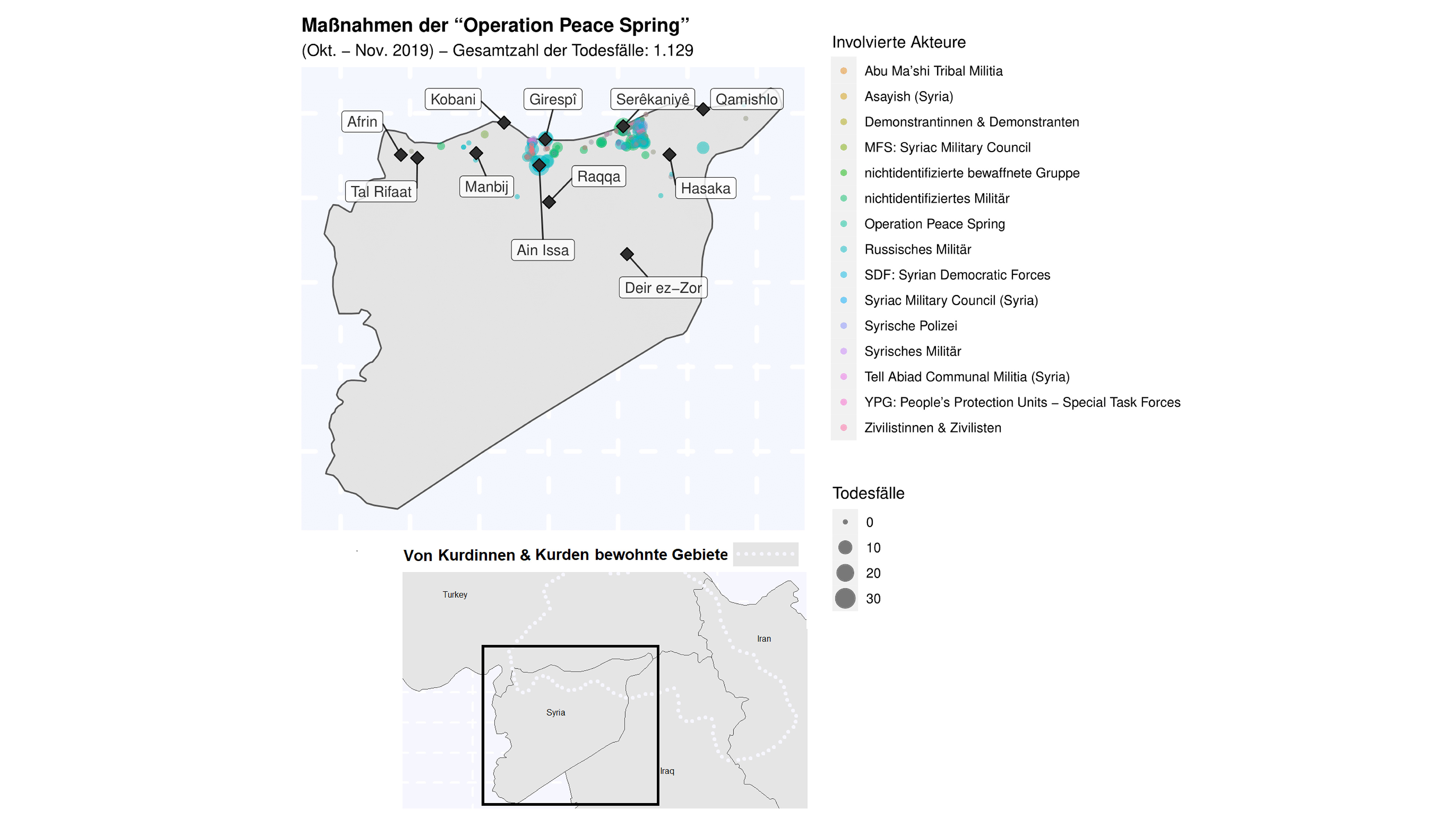 Karte, die Akteure und Todesfälle in der türkischen „Operation Peace Spring“ zeigt.