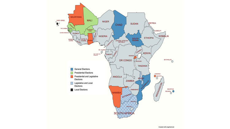 Map of Africa showing different elections coming up in 2024.