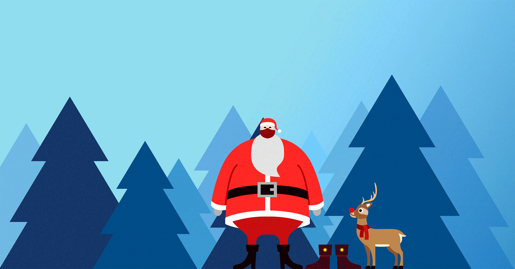 Christmas GIF with Father Christmas, Rudolf the rednose reindeer, Christmas tree and presents