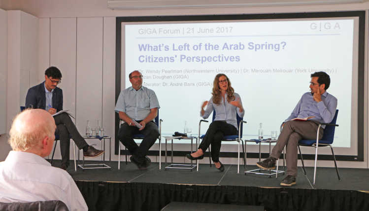 From left to right: Dr. Merouan Mekouar, Dr. André Bank, Dr. Wendy Pearlman, Yazan Doughan